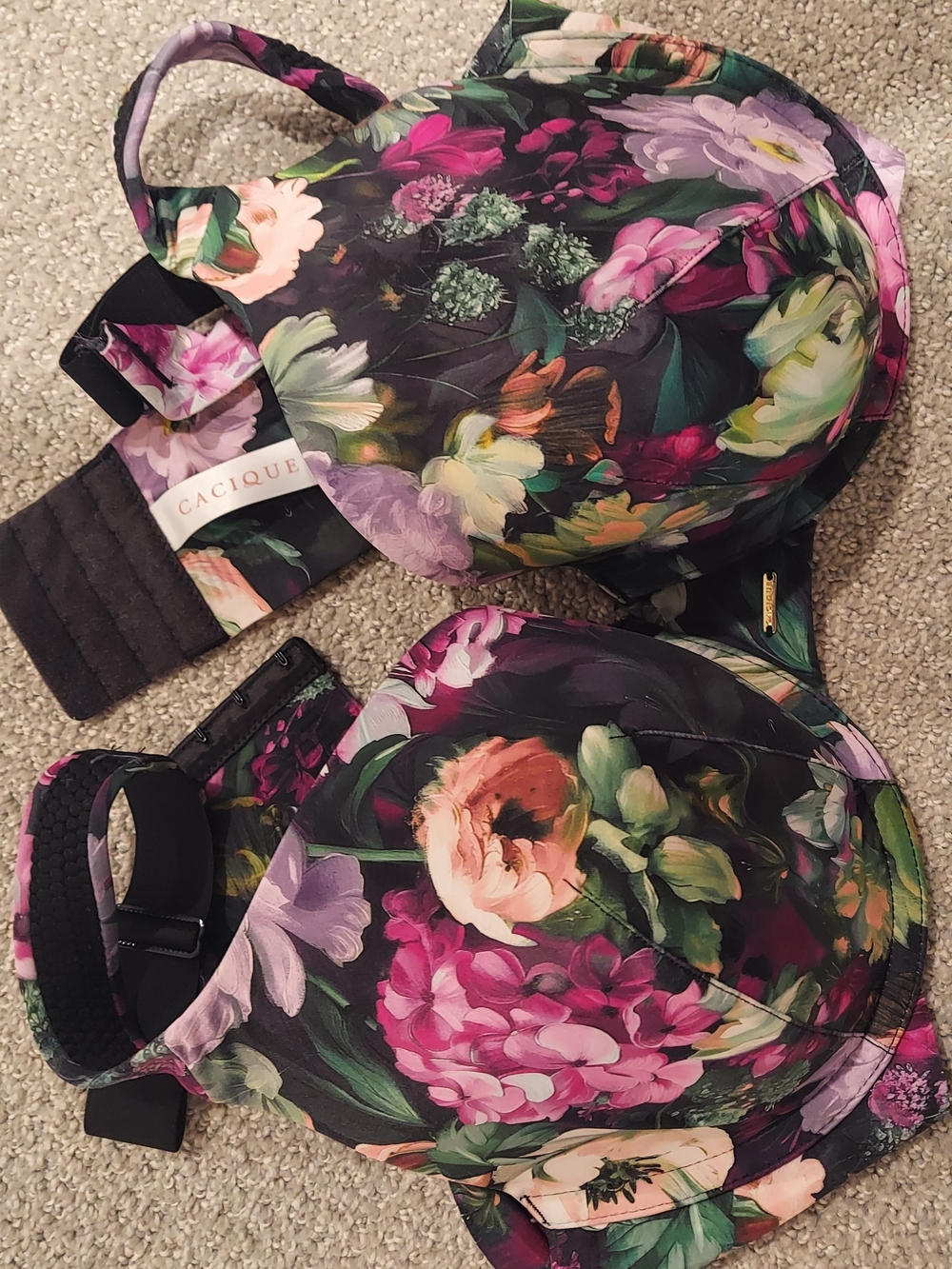 Cacique Black Floral Print Underwire Bra with Pink & Purple Blooms